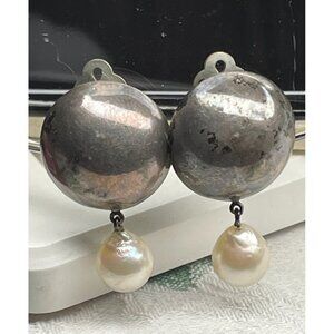 Older Vintage Sterling Silver Dome Earrings With Dangling Pearls